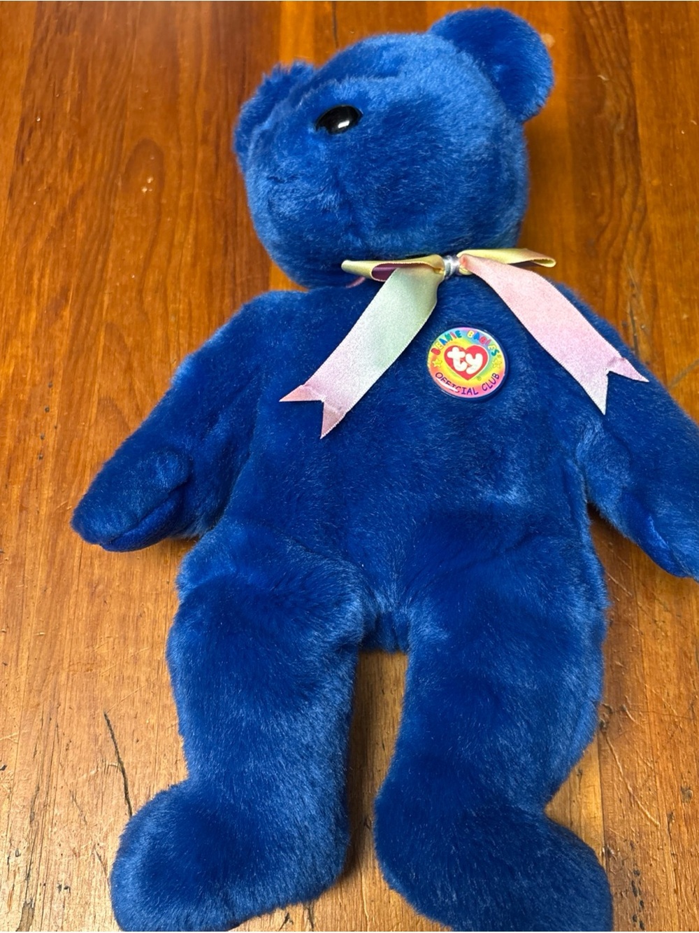 Ty Deep Blue Plush Bear with Pastel Ribbon Collectable Vintage